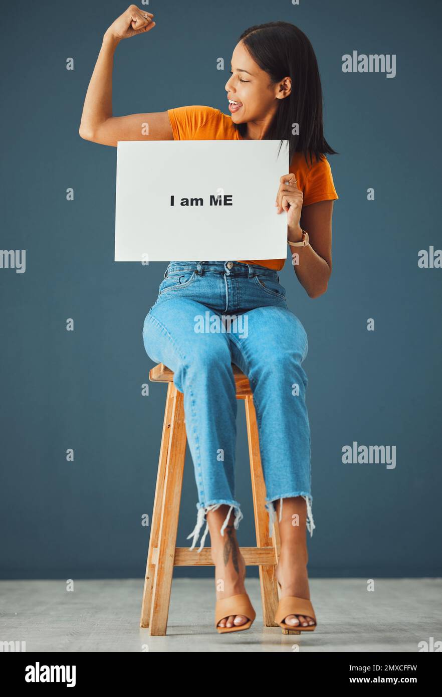 One Arm Model Strength, poster and black woman with strong arm pose in studio for ...