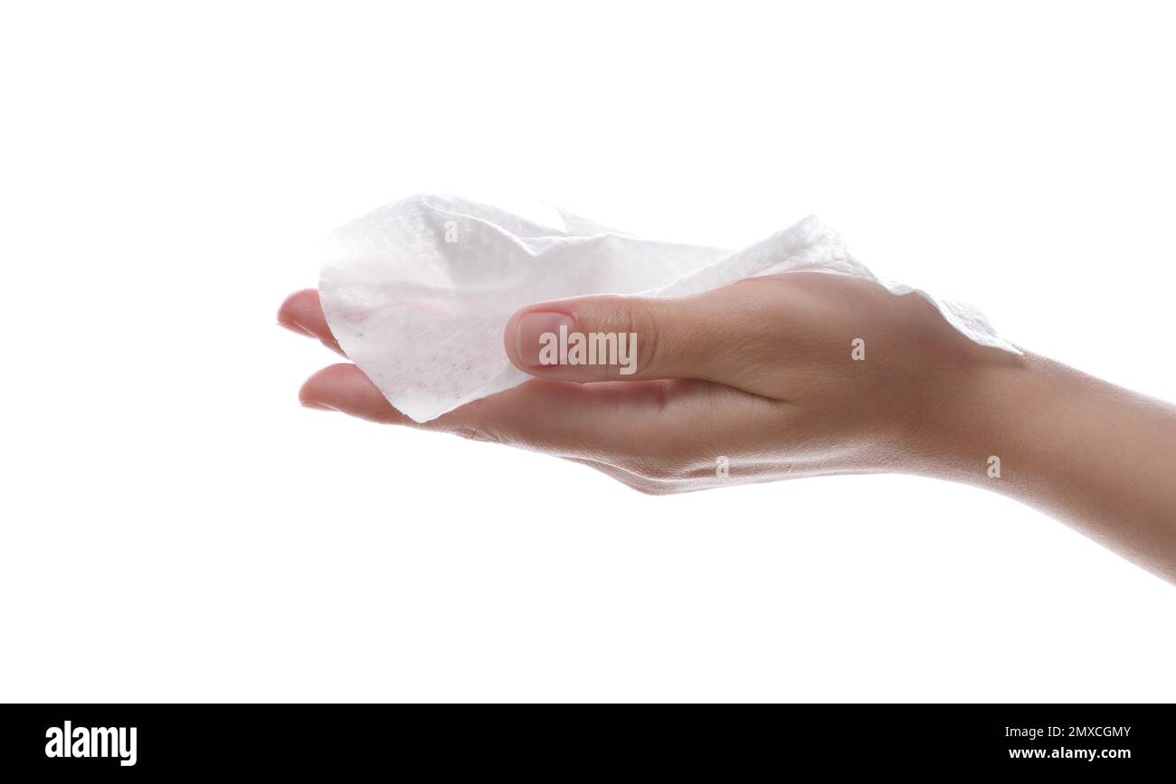 Picture of Woman holding wet wipe on white background, closeup Stock Photo - Alamy