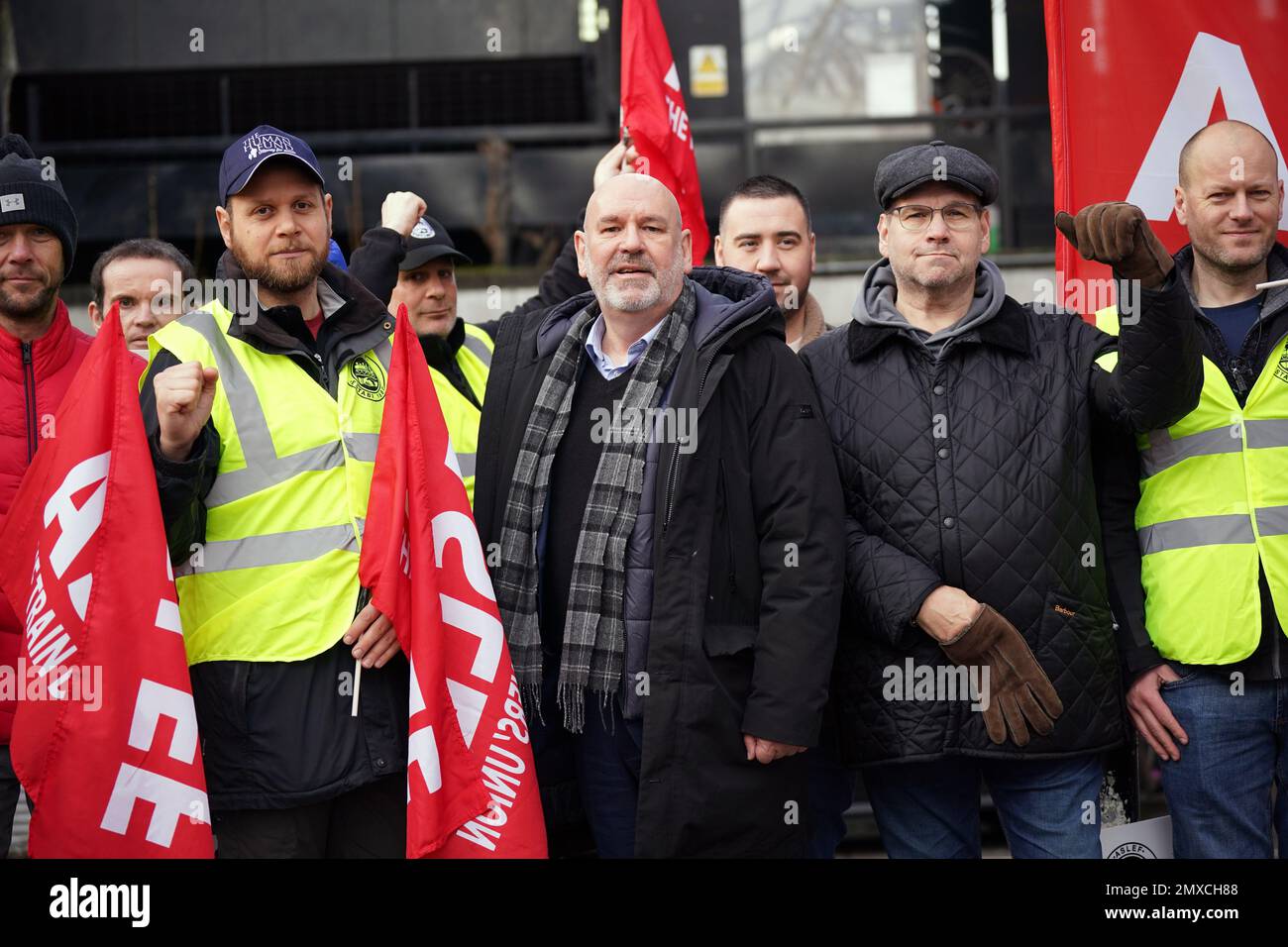 Aslef General Secretary Mick Whelan (centre) joins train workers on the picket line at Euston station in London. Train driver members of Aslef and the Rail, Maritime and Transport union (RMT) are taking to picket lines again in a long-running dispute over pay, jobs and conditions. Picture date: Friday February 3, 2023. Stock Photo
