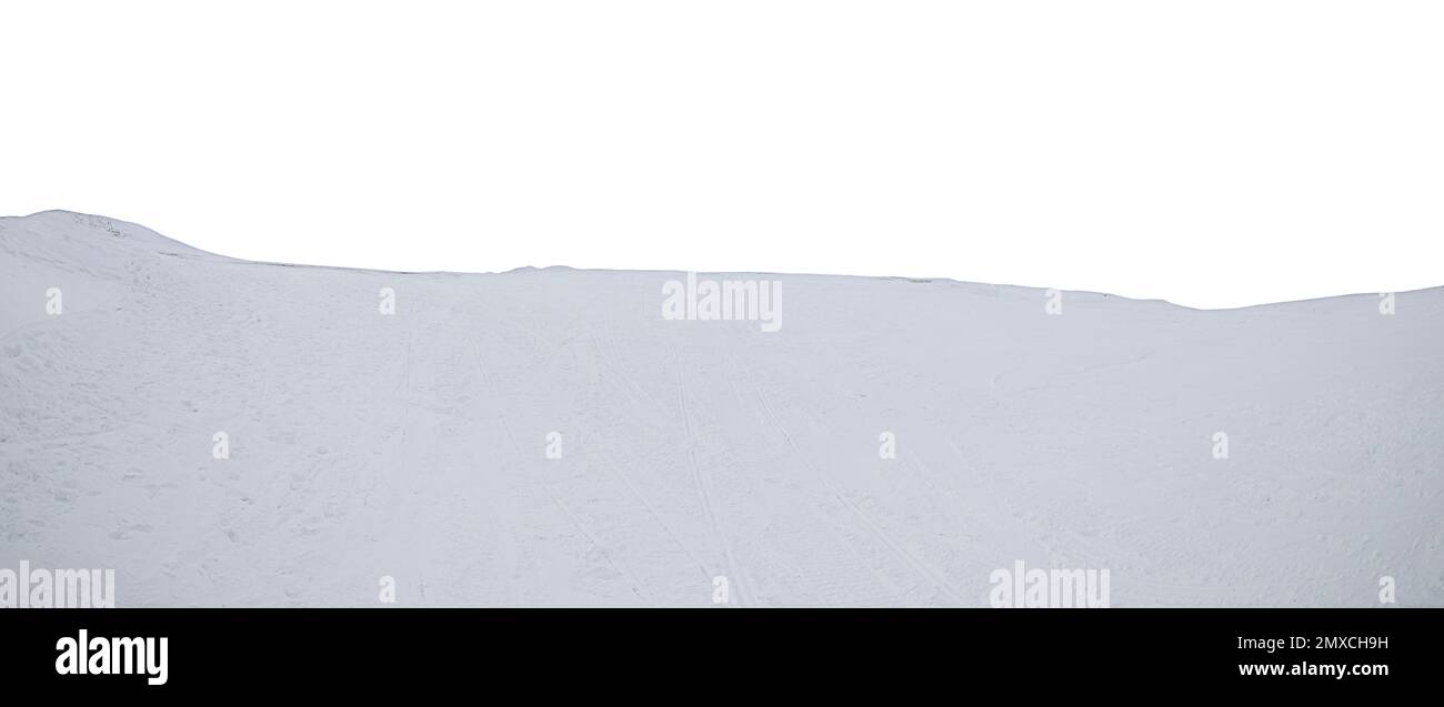 Heap of snow on white background, closeup. Banner design Stock Photo