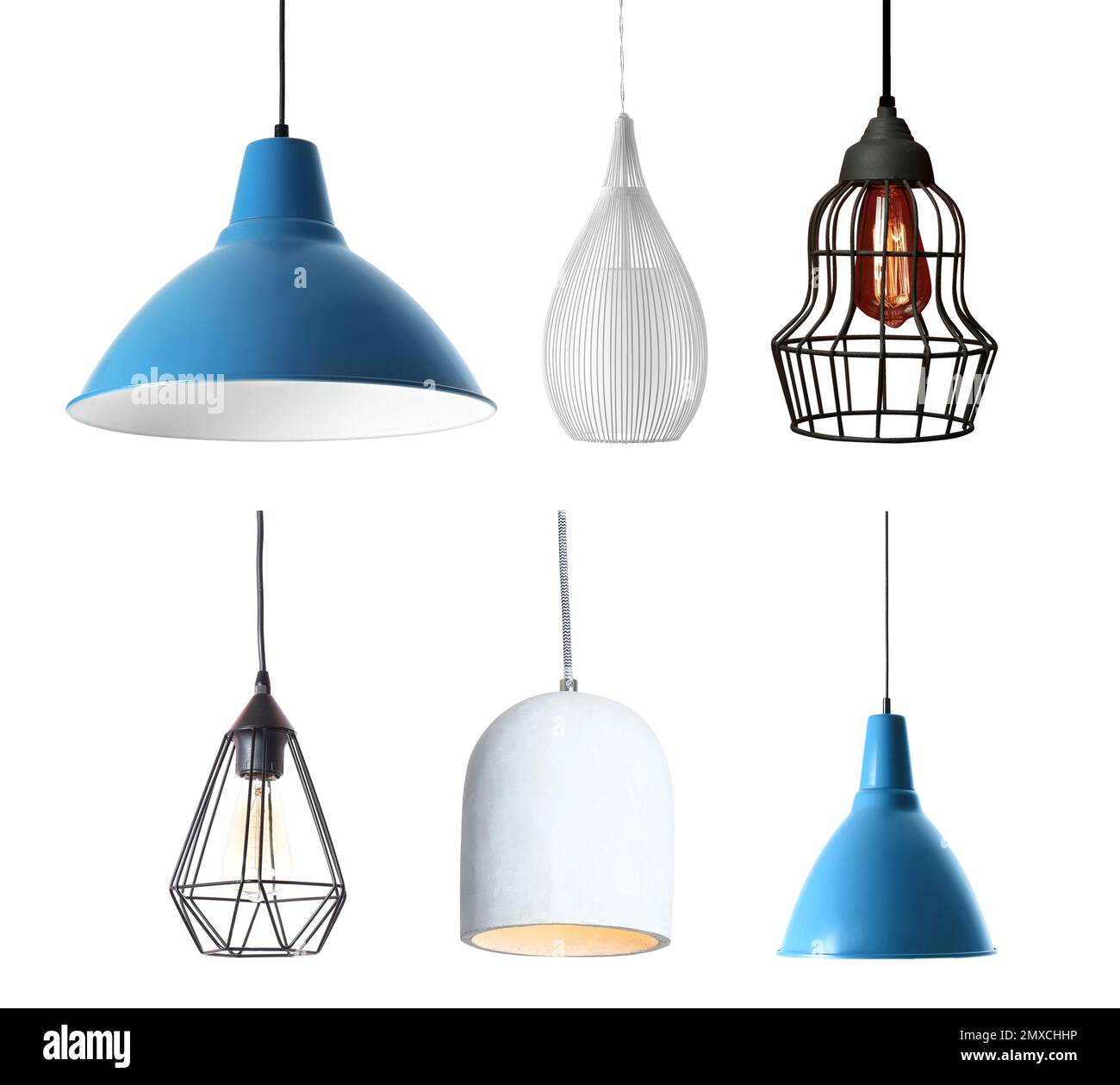 Set of different modern hanging lamps on white background Stock Photo -  Alamy