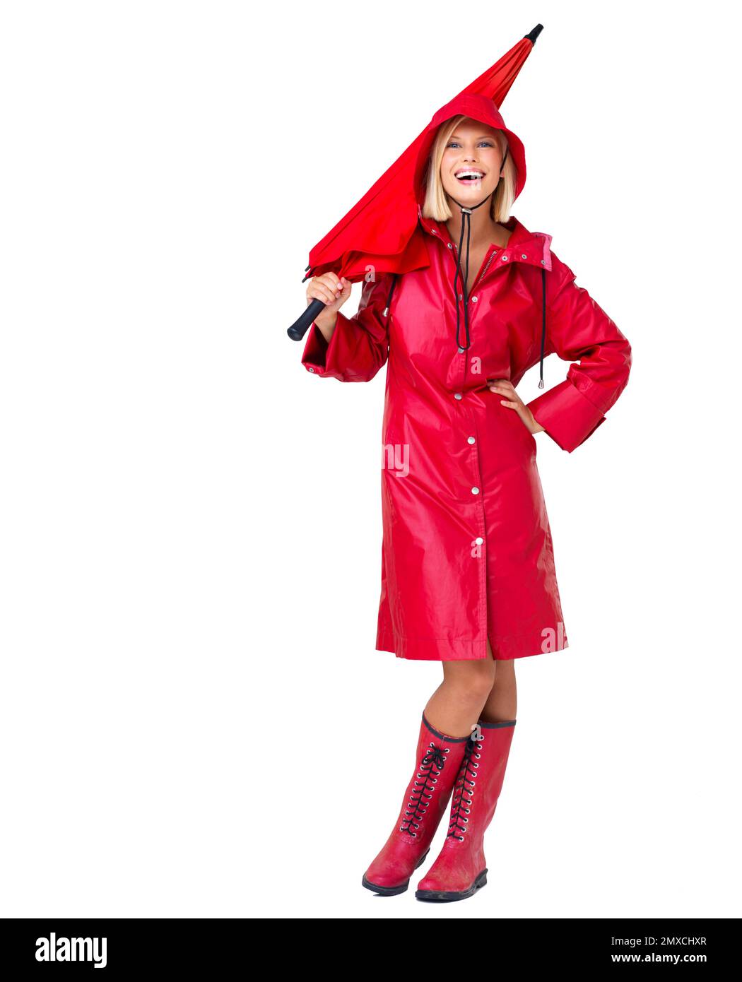 Portrait, woman and umbrella with raincoat, cover and happiness with