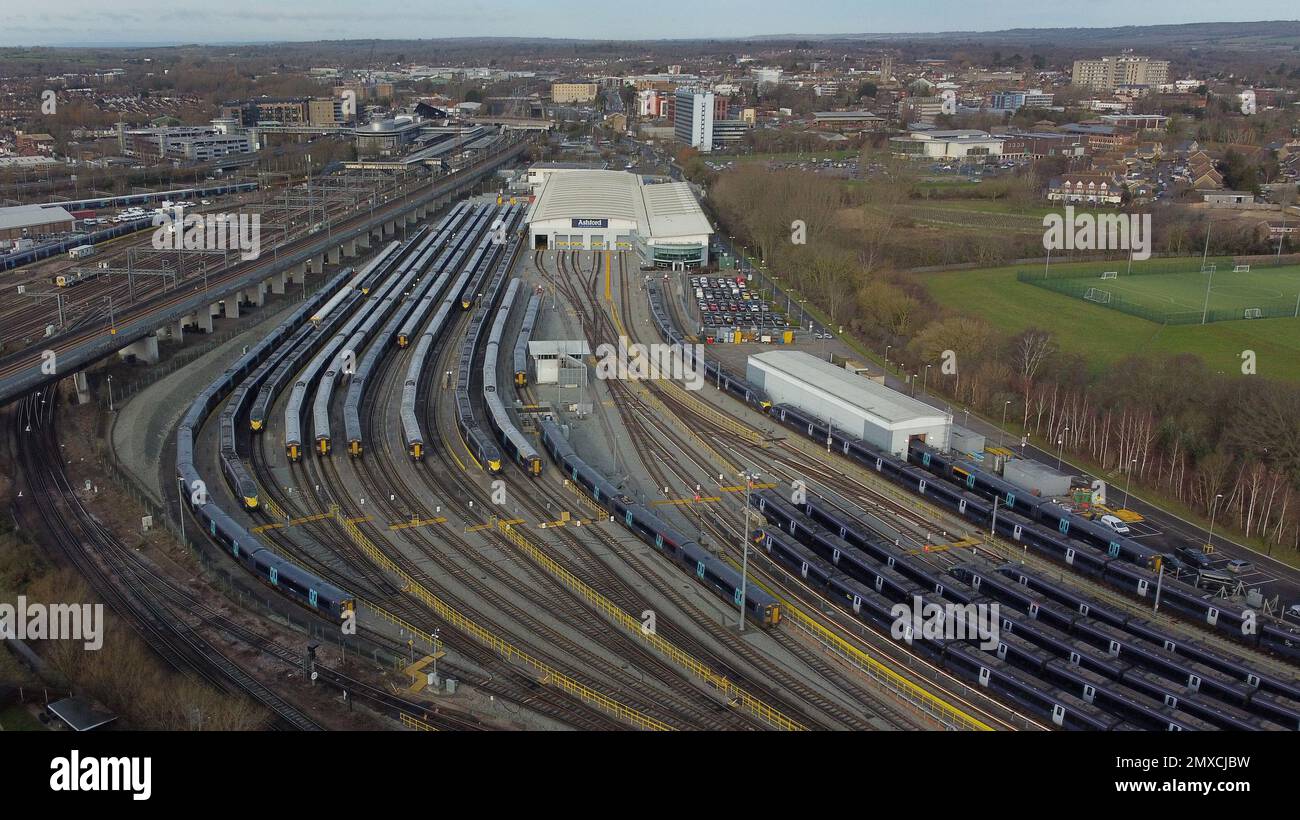 Southeastern trains in sidings at Ashford International station in Kent
