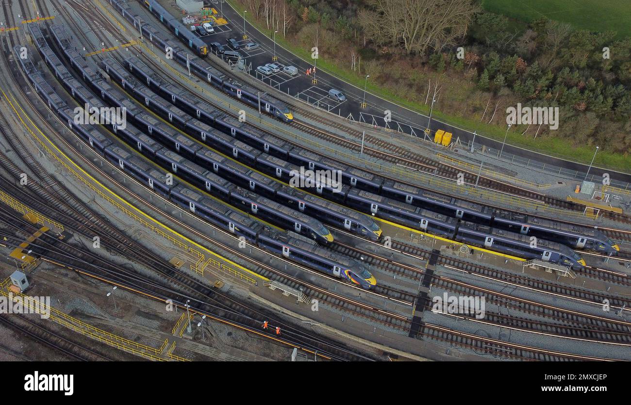 Southeastern trains in sidings at Ashford International station in Kent