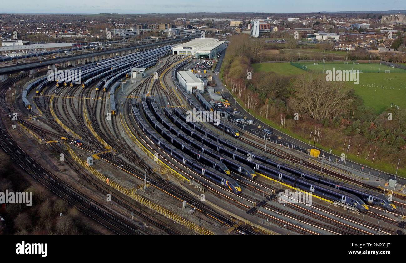 Southeastern trains in sidings at Ashford International station in Kent