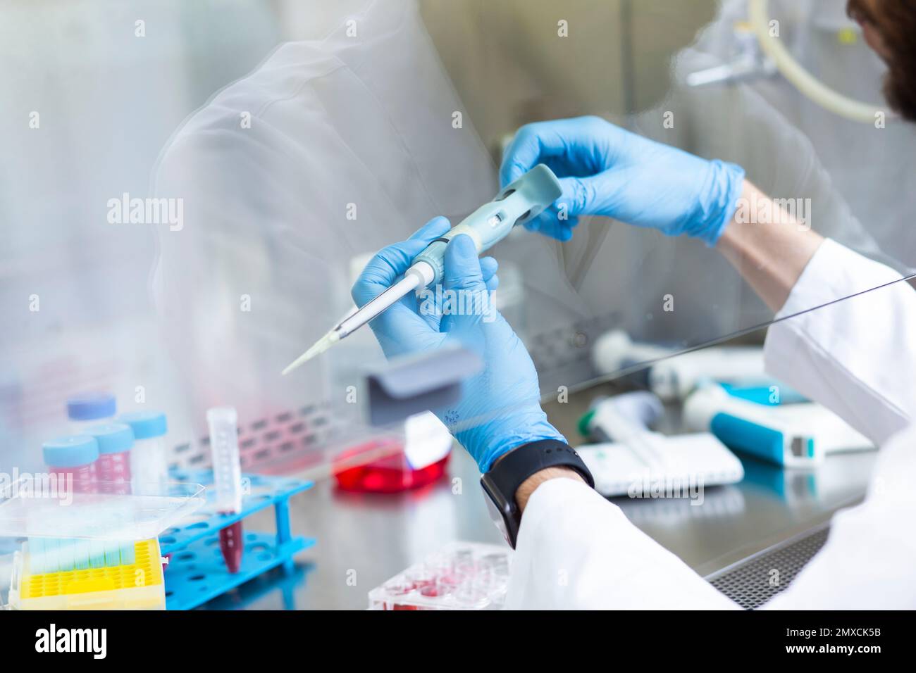 The process of research and chemical experiments with vials and ampules ...