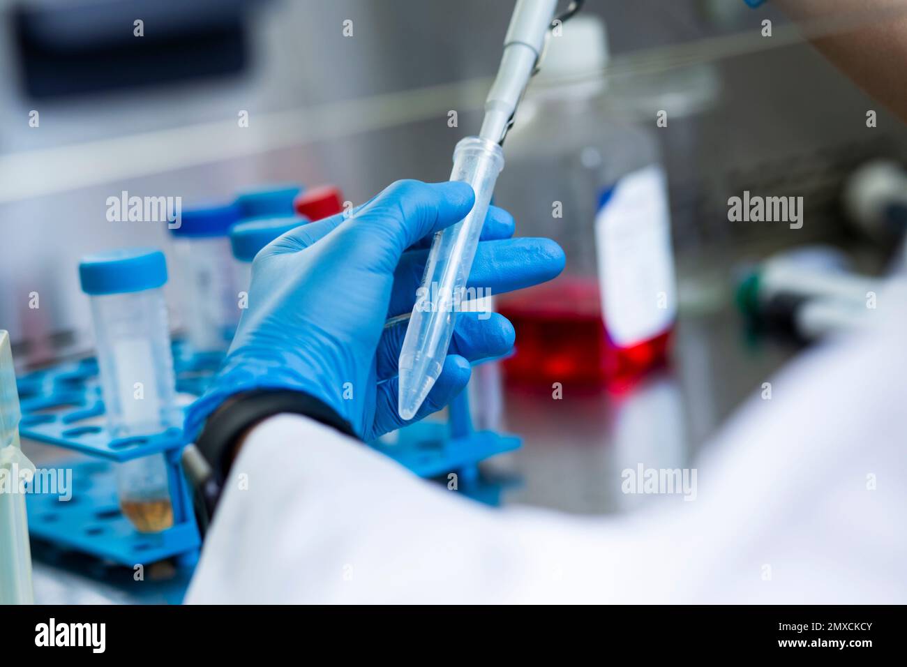 The process of research and chemical experiments with vials and ampules ...