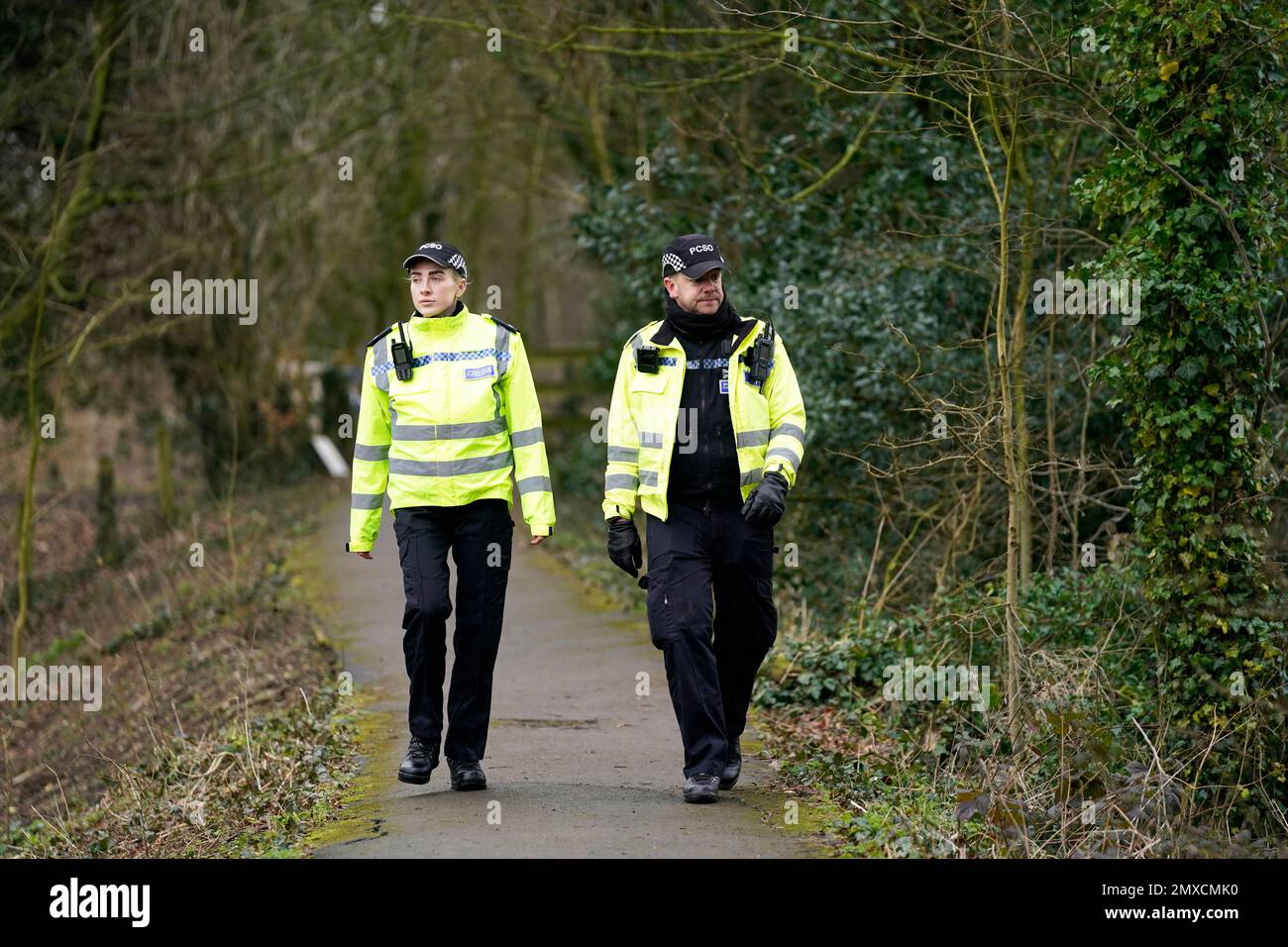 Police officers in St Michael's on Wyre, Lancashire, as police continue their search for missing woman Nicola Bulley, 45, who was last seen on the morning of Friday January 27, when she was spotted walking her dog on a footpath by the nearby River Wyre. Picture date: Friday February 3, 2023. Stock Photo