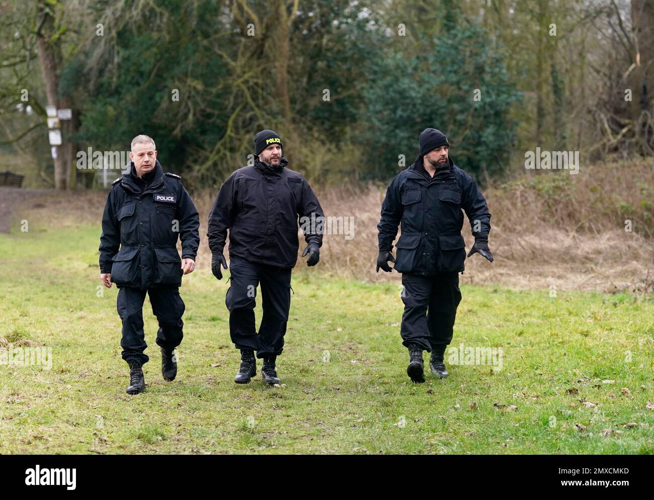 Police officers in St Michael's on Wyre, Lancashire, as police continue their search for missing woman Nicola Bulley, 45, who was last seen on the morning of Friday January 27, when she was spotted walking her dog on a footpath by the nearby River Wyre. Picture date: Friday February 3, 2023. Stock Photo