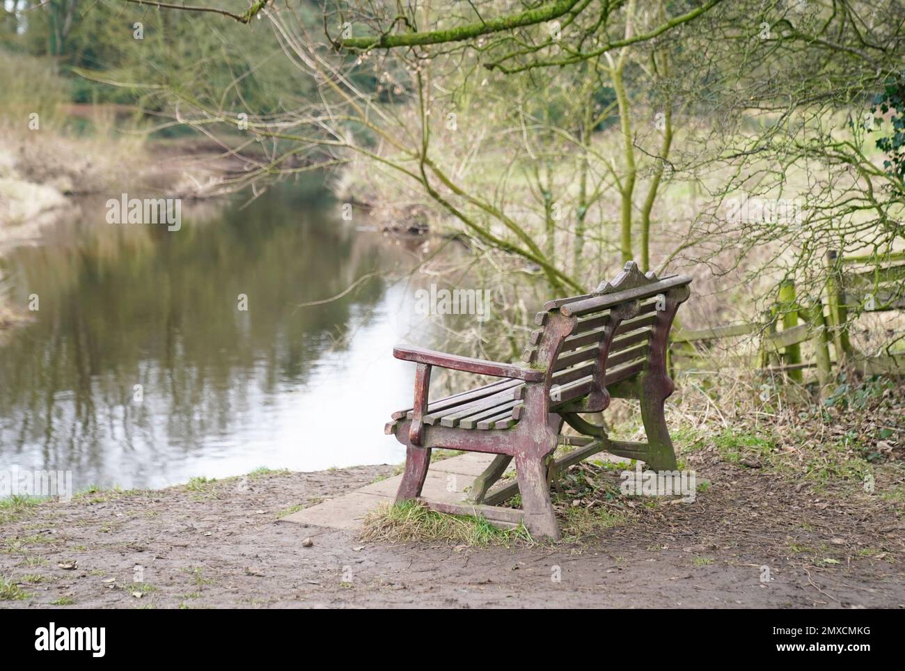 The bench where Nicola Bulley's phone was found, on the banks of the River Wyre, in St Michael's on Wyre, Lancashire, as police continue their search for the missing woman, who was last seen on the morning of Friday January 27, when she was spotted walking her dog on a footpath by the nearby River Wyre. Picture date: Friday February 3, 2023. Stock Photo