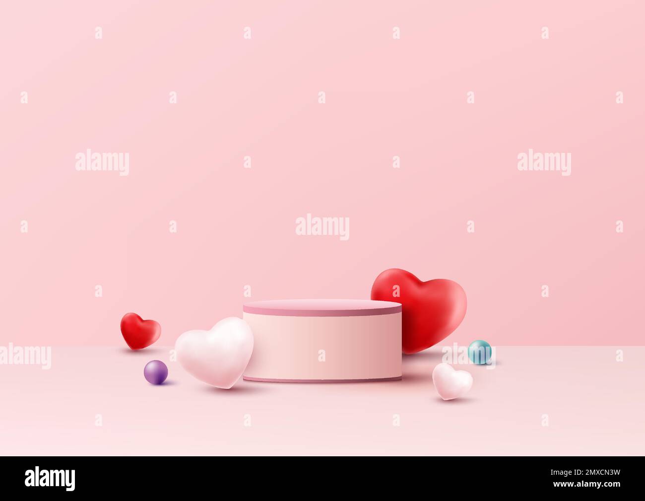 3D realistic pink podium platform pedestal stand decoration with red and pink heart shape symbol on pink background. Valentine day for product display Stock Vector