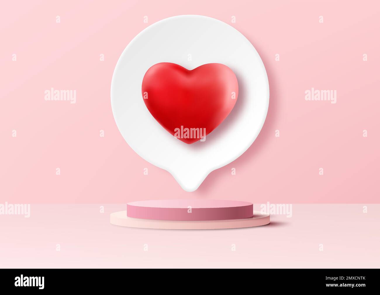 3D realistic white and pink podium platform pedestal stand with red heart shape symbol backdrop on pink background. Valentine day for product display Stock Vector