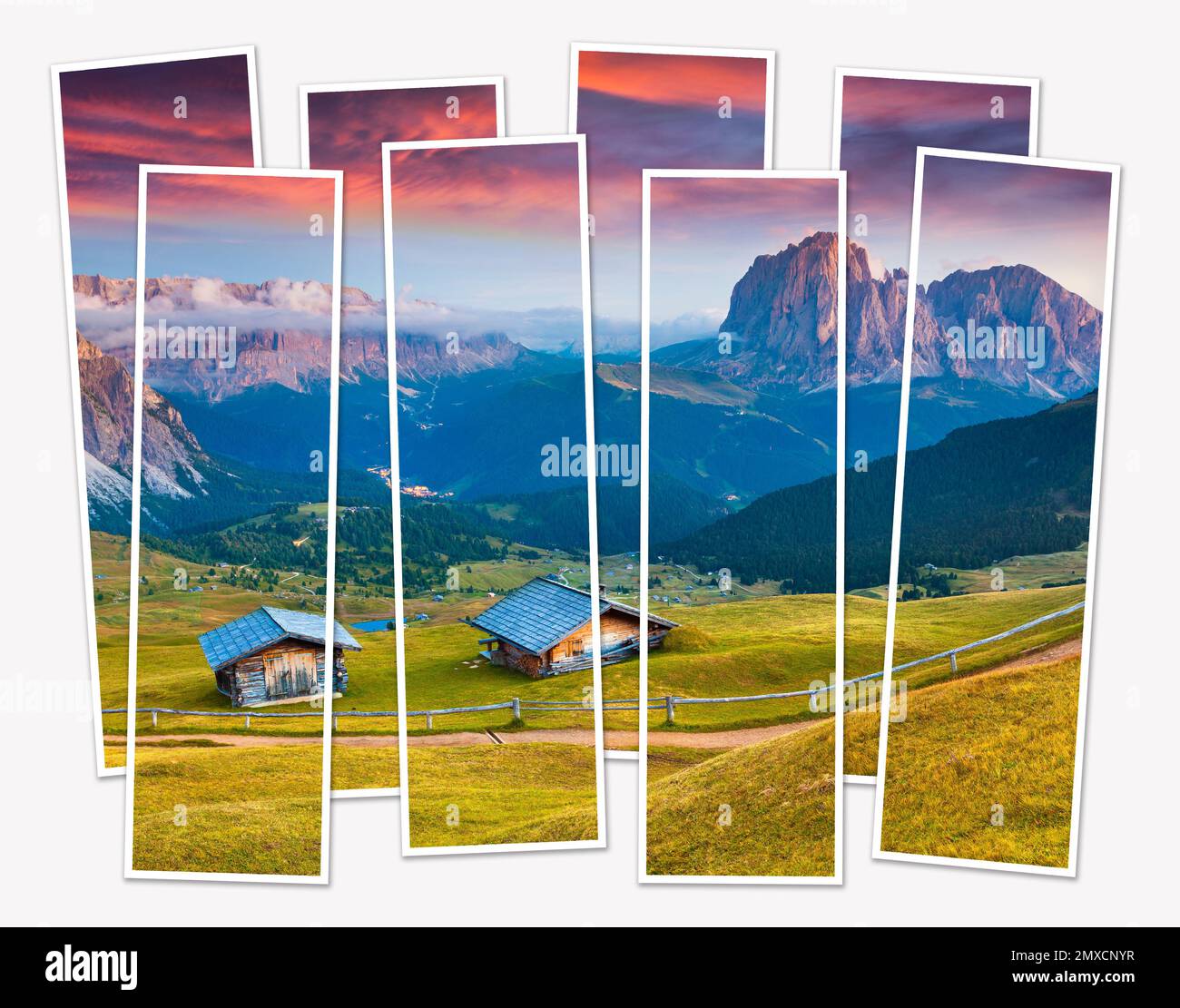 Isolated eight frames collage of picture of  sunrise on Sassolungo (Langkofel) and Sella group, valley Gardena. National Park Dolomites, Italy, Europe Stock Photo