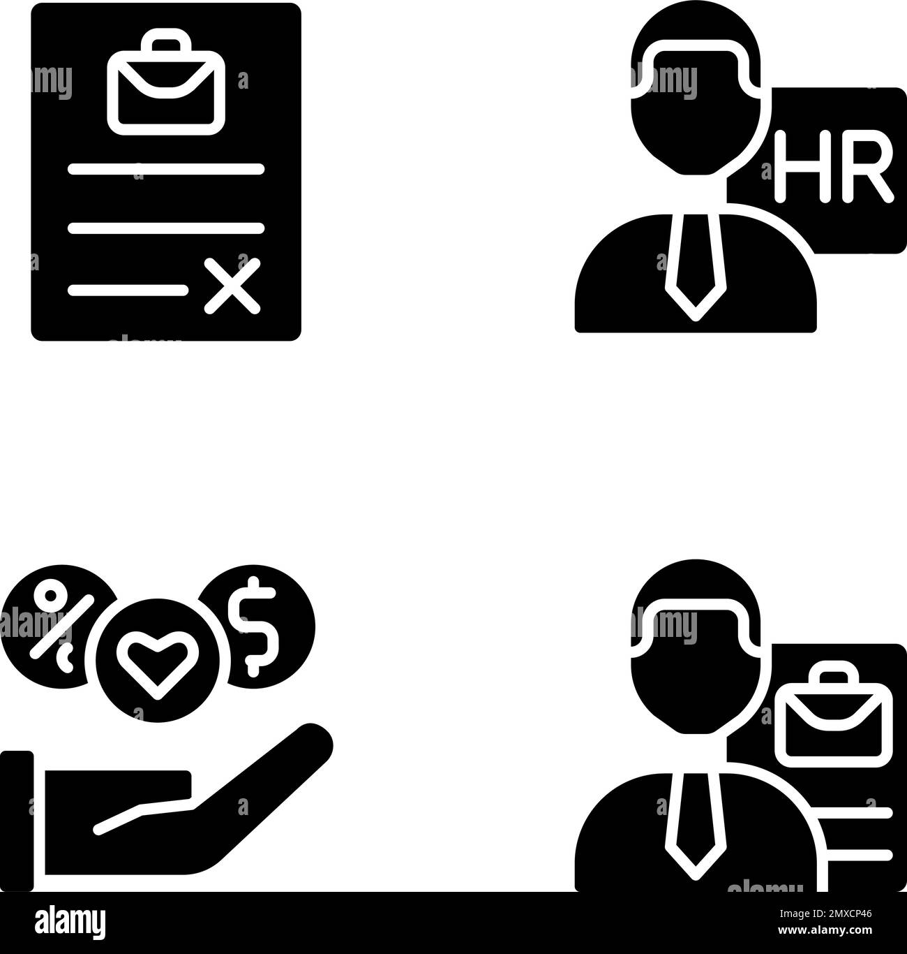 Job position benefits black glyph icons set on white space Stock Vector