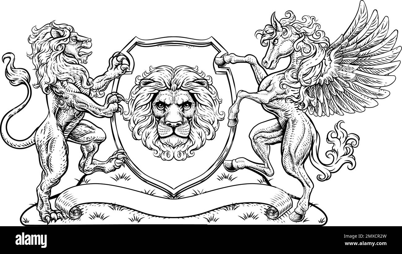 Coat of Arms Pegasus Lion Crest Shield Family Seal Stock Vector
