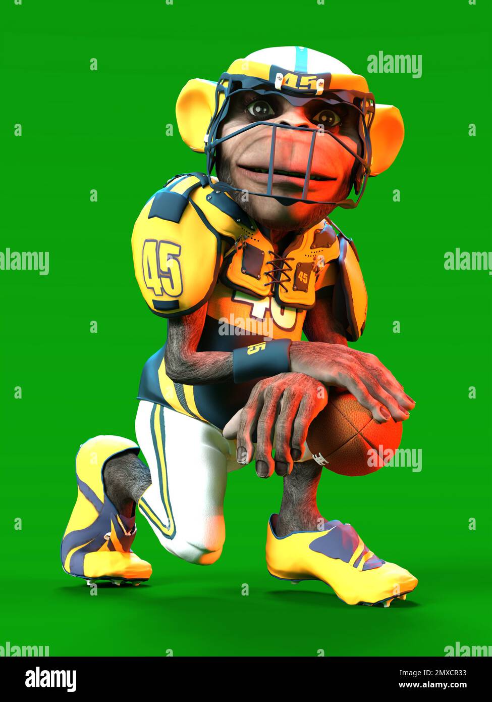 3D-illustration of a cute and funny human cartoon monkey animal as an american football player Stock Photo