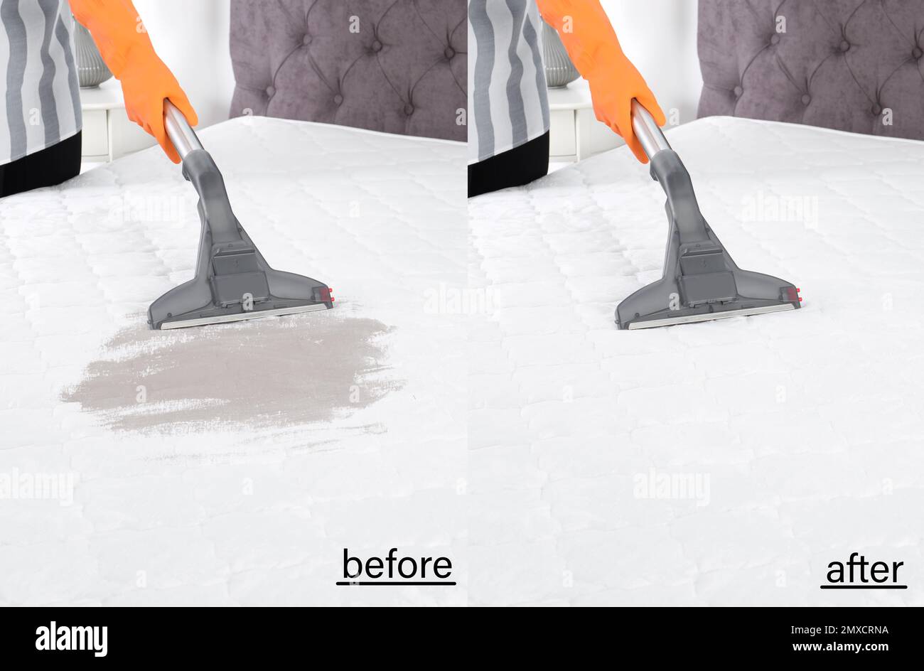 Woman disinfecting mattress with vacuum cleaner, closeup. Before and