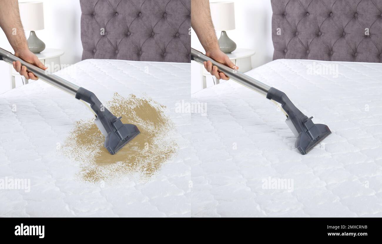 Man disinfecting mattress with vacuum cleaner, closeup. Before and