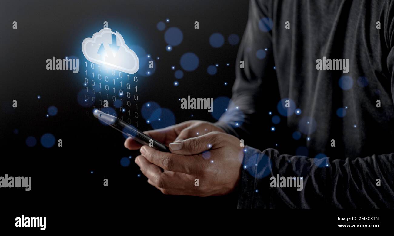Cloud computing concept - connect to cloud. Businessman or information technologist click on cloud computing icon. Stock Photo