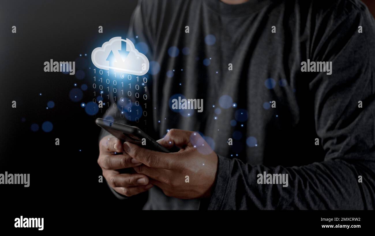 Cloud computing concept - connect to cloud. Businessman or information technologist click on cloud computing icon. Stock Photo