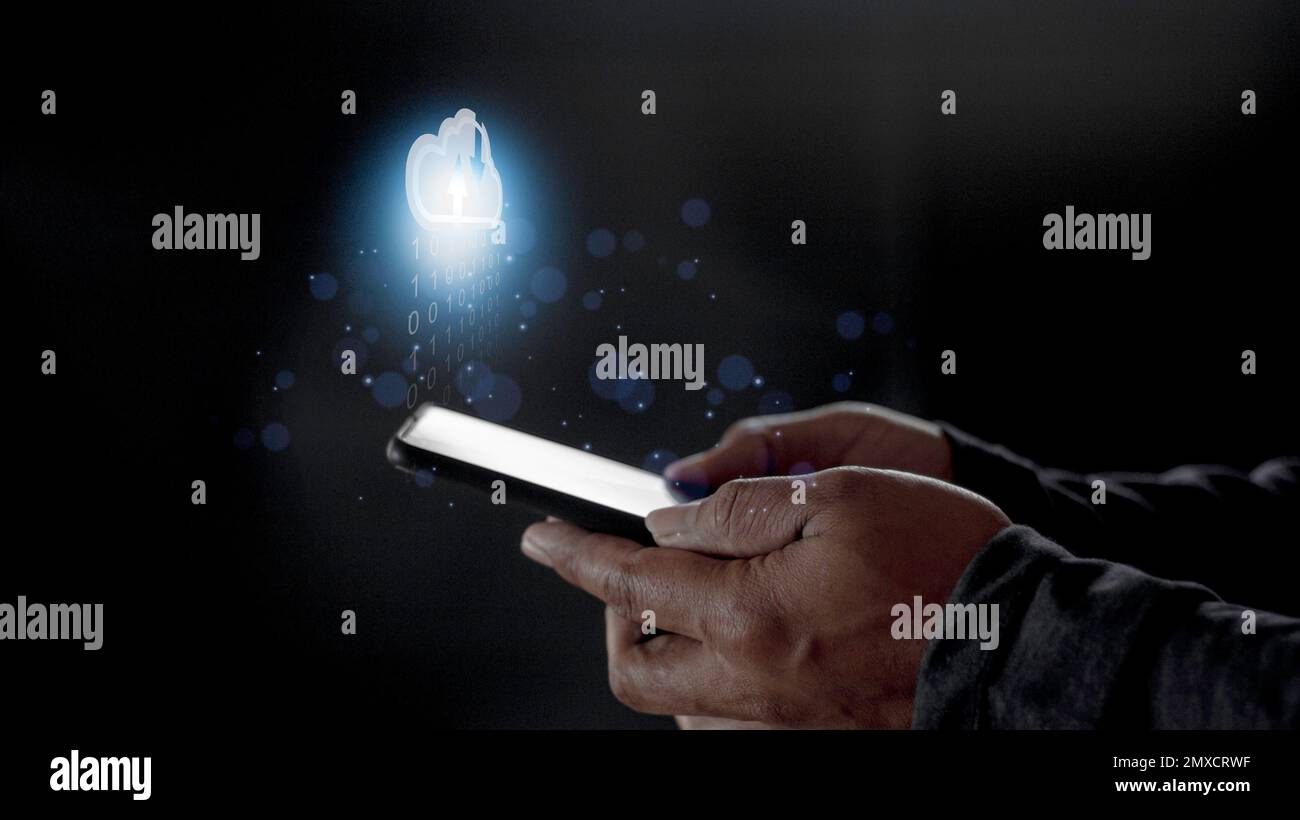 Cloud computing concept - connect to cloud. Businessman or information technologist click on cloud computing icon. Stock Photo