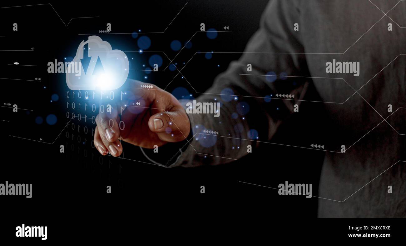Cloud computing concept - connect to cloud. Businessman or information technologist click on cloud computing icon. Stock Photo