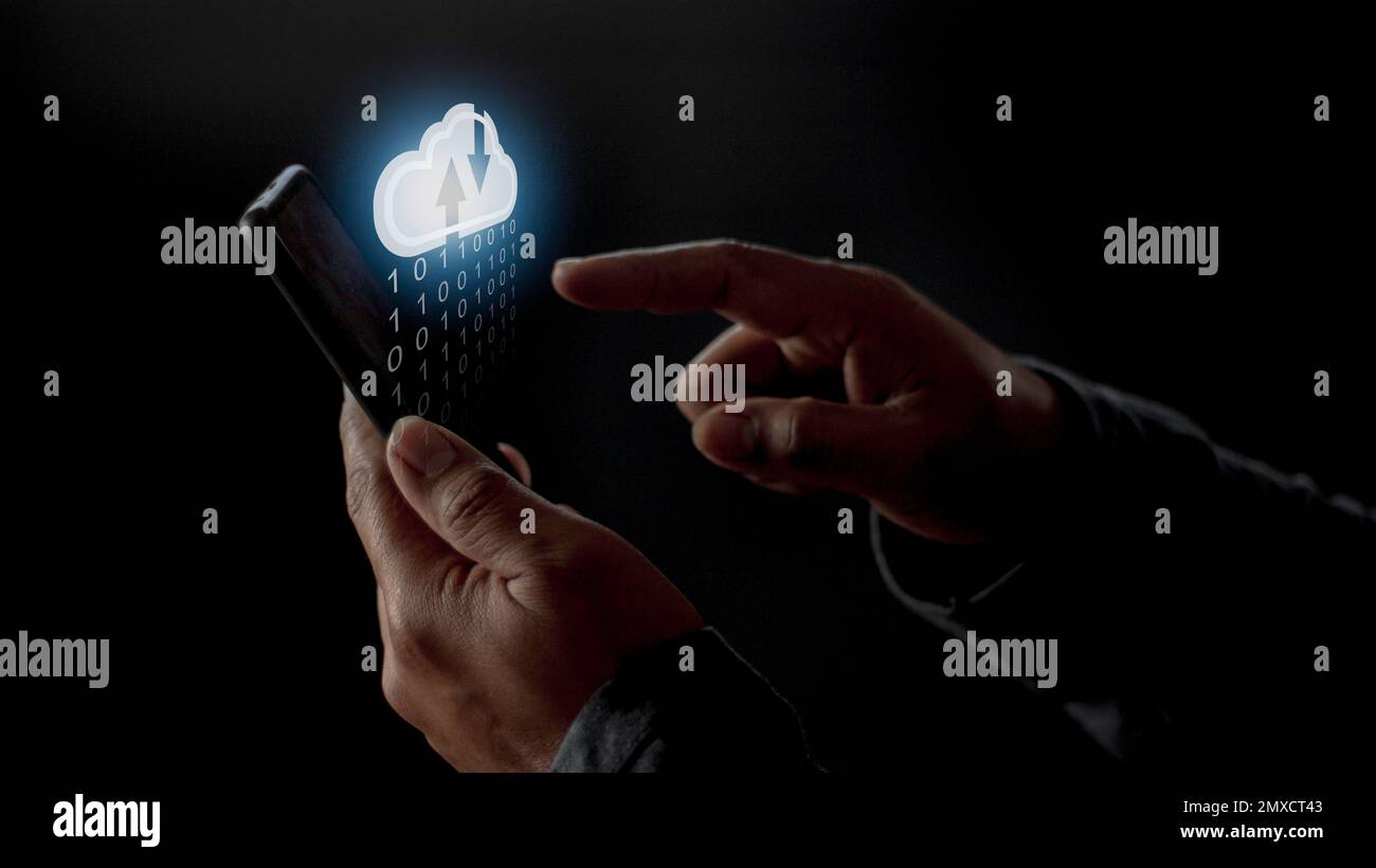 Cloud computing concept - connect to cloud. Businessman or information technologist click on cloud computing icon. Stock Photo