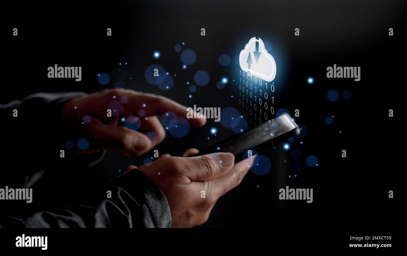 Cloud computing concept - connect to cloud. Businessman or information technologist click on cloud computing icon. Stock Photo