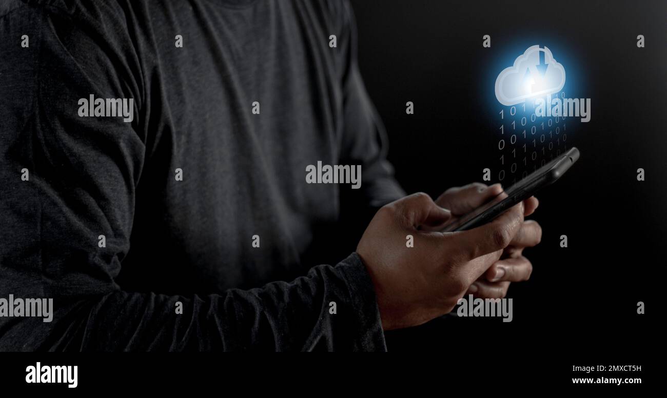 Cloud computing concept - connect to cloud. Businessman or information technologist click on cloud computing icon. Stock Photo