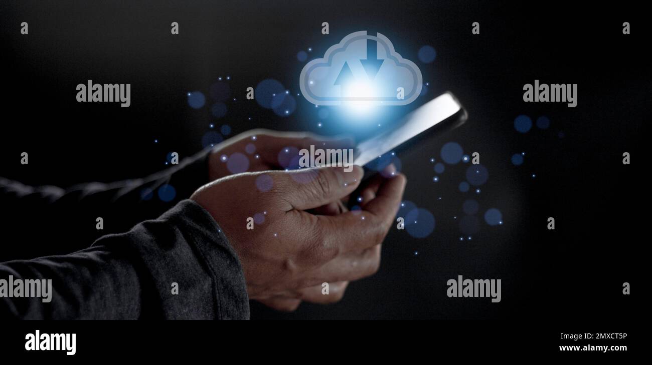 Cloud computing concept - connect to cloud. Businessman or information technologist click on cloud computing icon. Stock Photo
