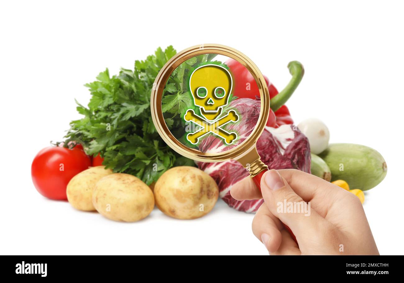 Woman with magnifying glass detecting microbes on white background ...