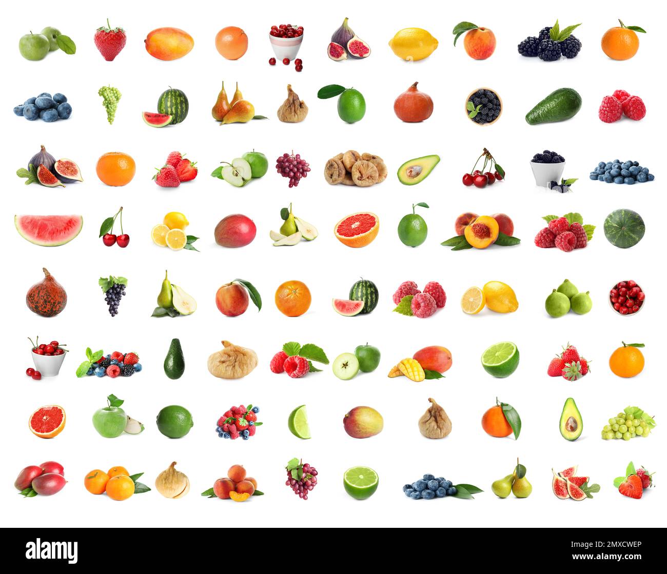 Set of fresh ripe fruits and berries on white background Stock Photo ...