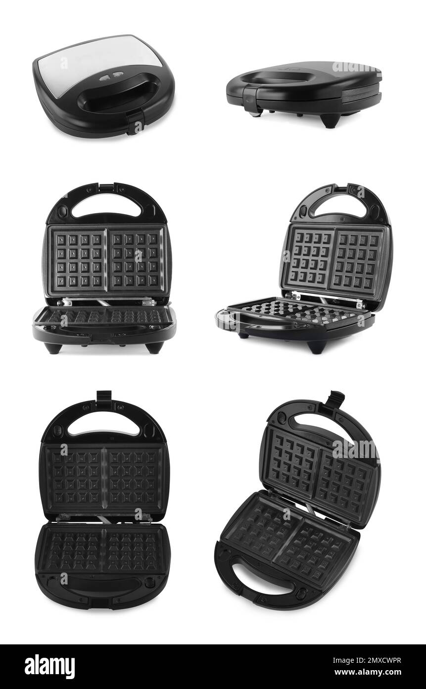 Set with modern electric waffle makers on white background Stock Photo