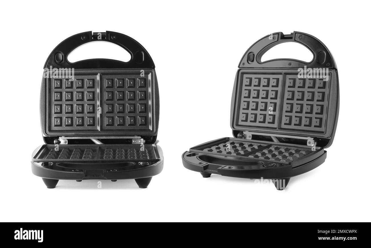 Modern electric waffle makers on white background Stock Photo - Alamy