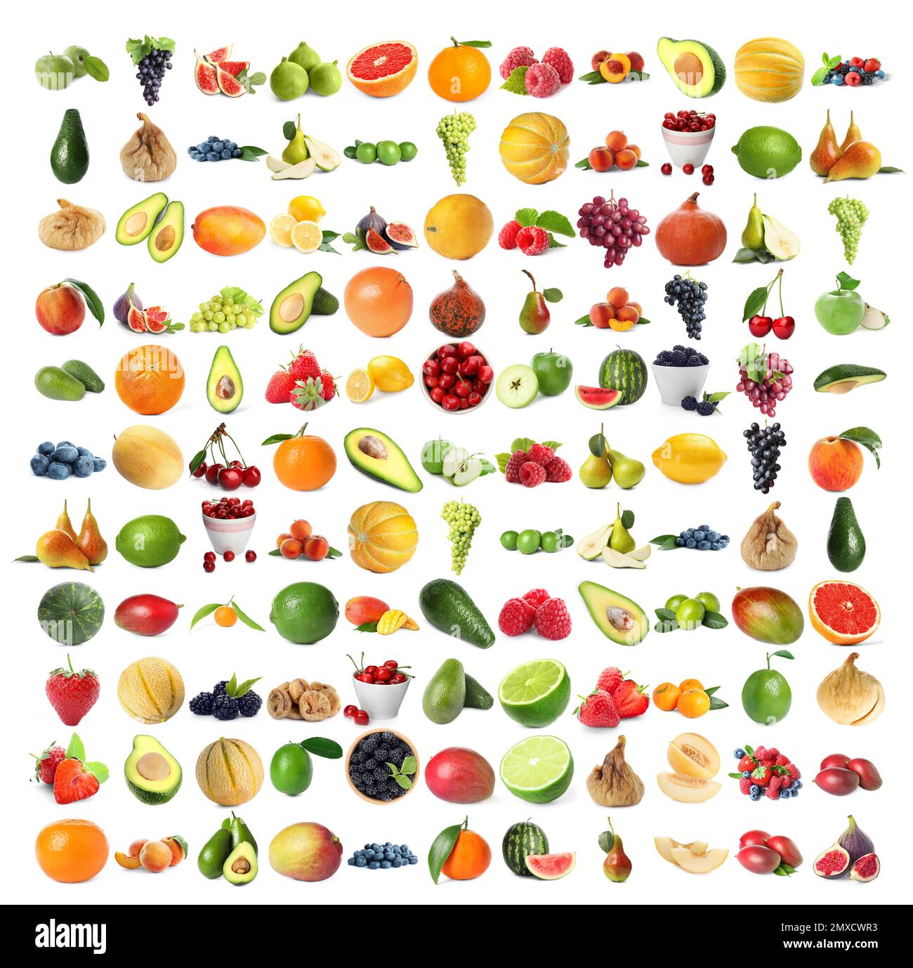 Set of fresh ripe fruits and berries on white background Stock Photo ...