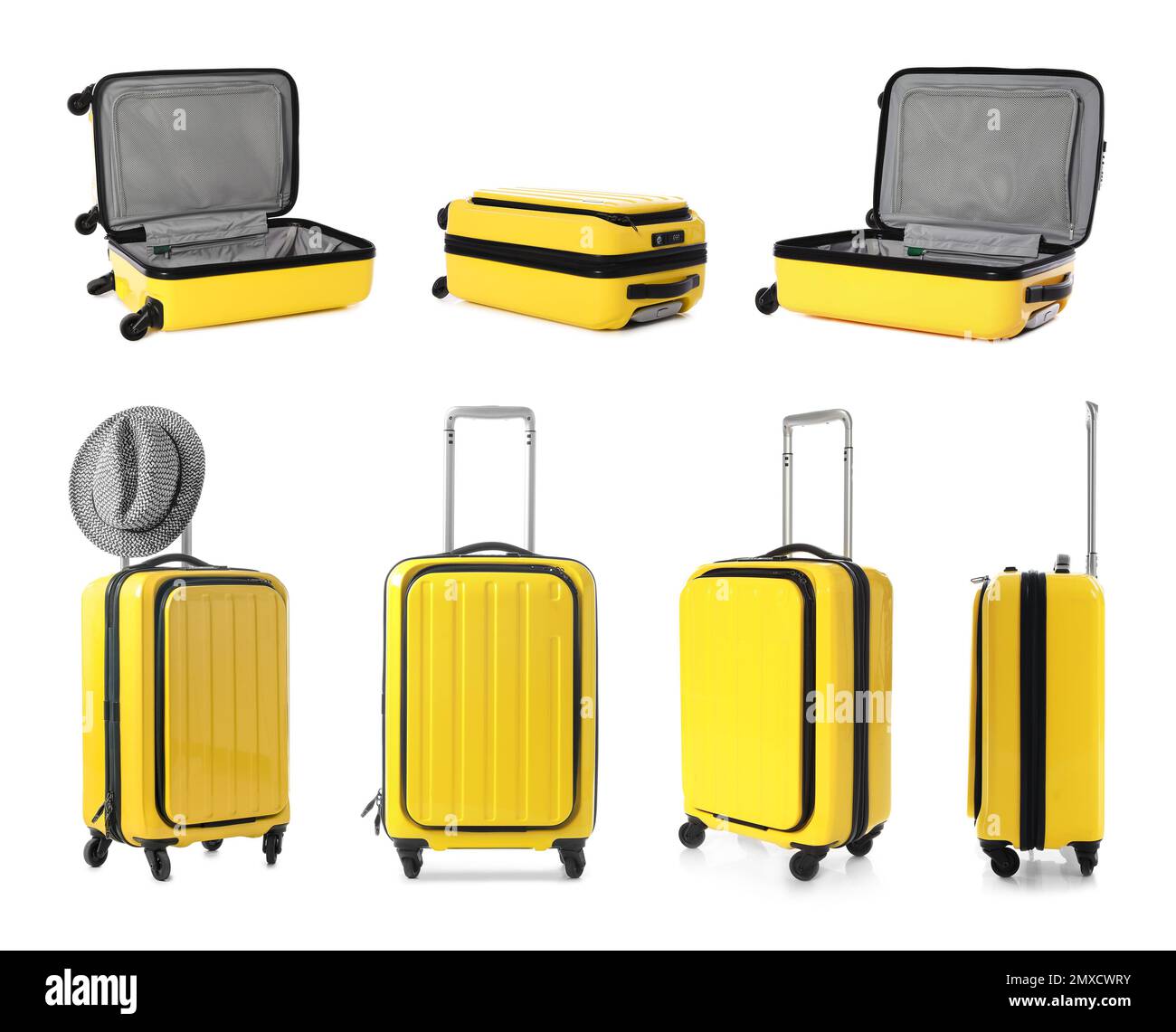 Set of yellow suitcases on white background Stock Photo Alamy