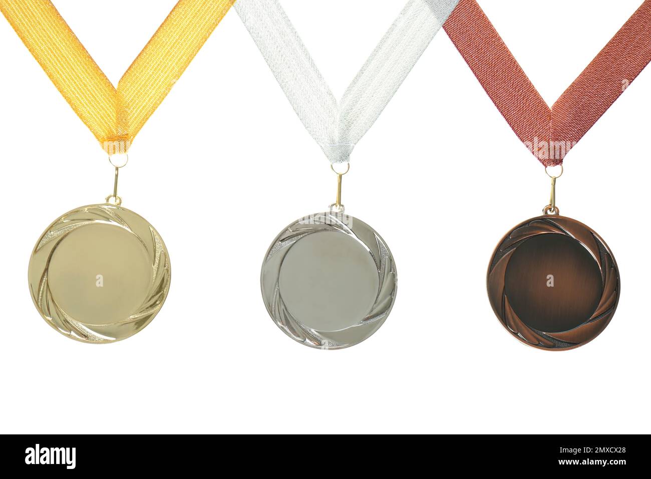 Gold, silver and bronze medals isolated on white. Space for design ...