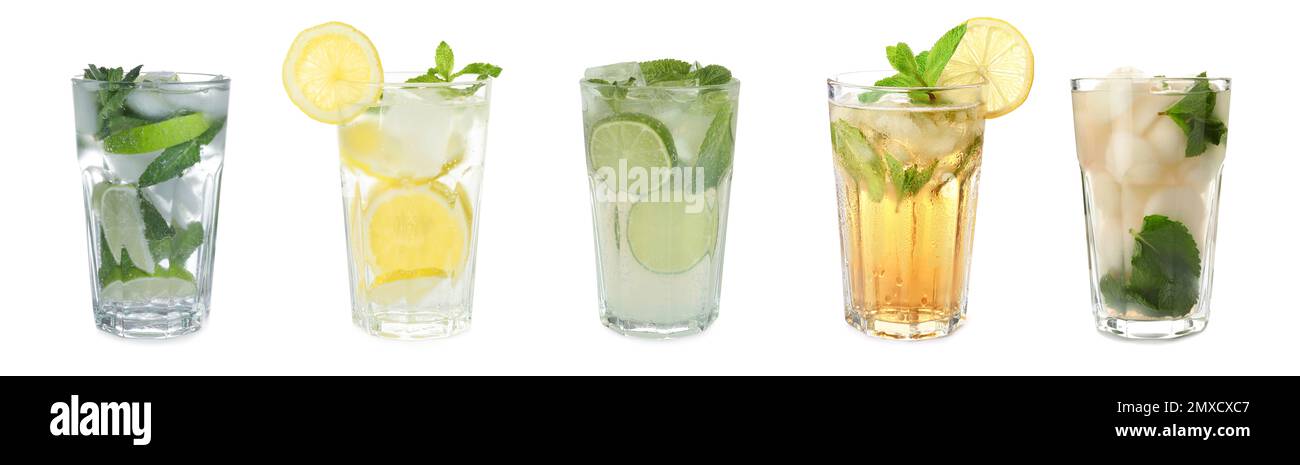 Set of different refreshing drinks on white background. Banner design Stock Photo