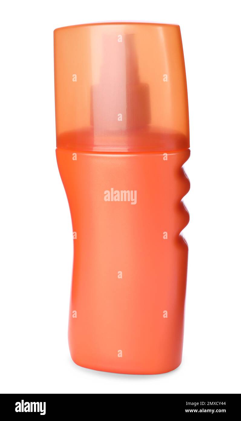Bottle with sun protection spray isolated on white Stock Photo - Alamy