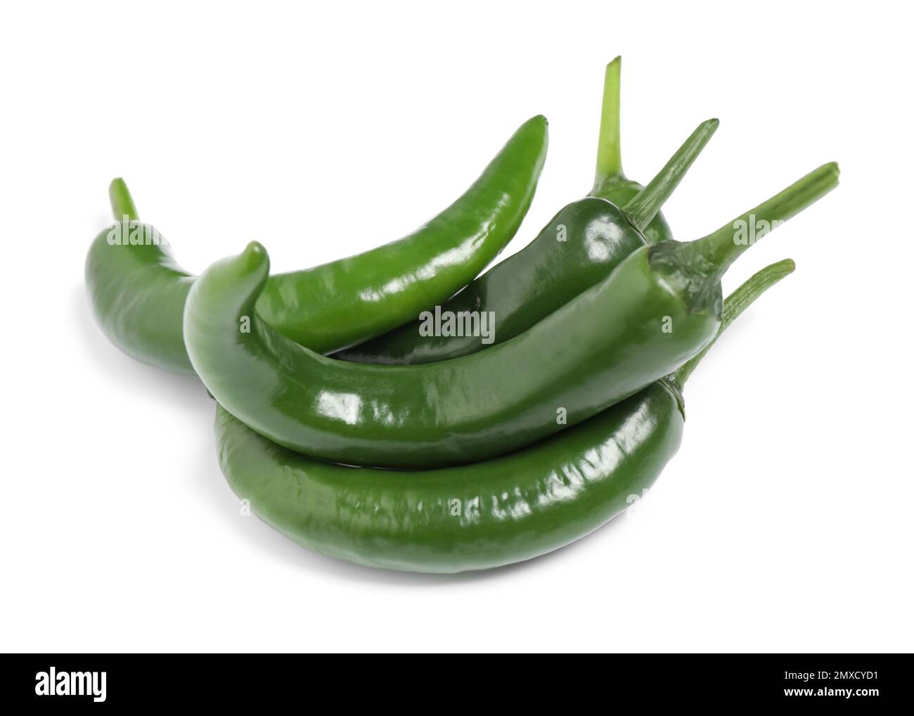 Green hot chili peppers on white background Stock Photo - Alamy