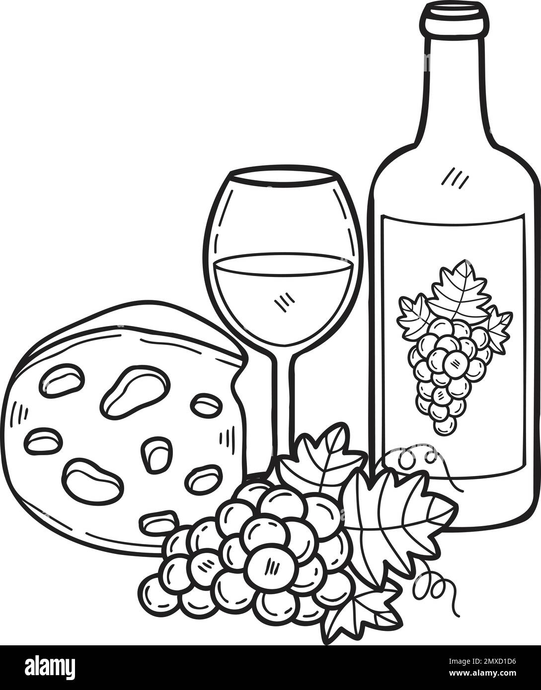 Hand Drawn Cheese and grape wine illustration in doodle style isolated