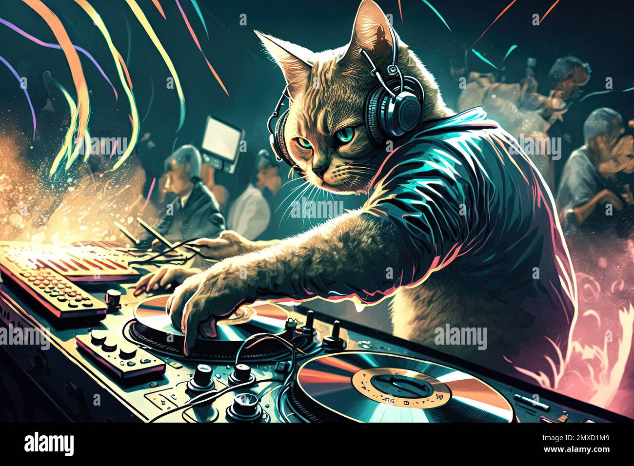 A cat animal is a resident dj in the club People dancing on background illustration generative ai Stock Photo