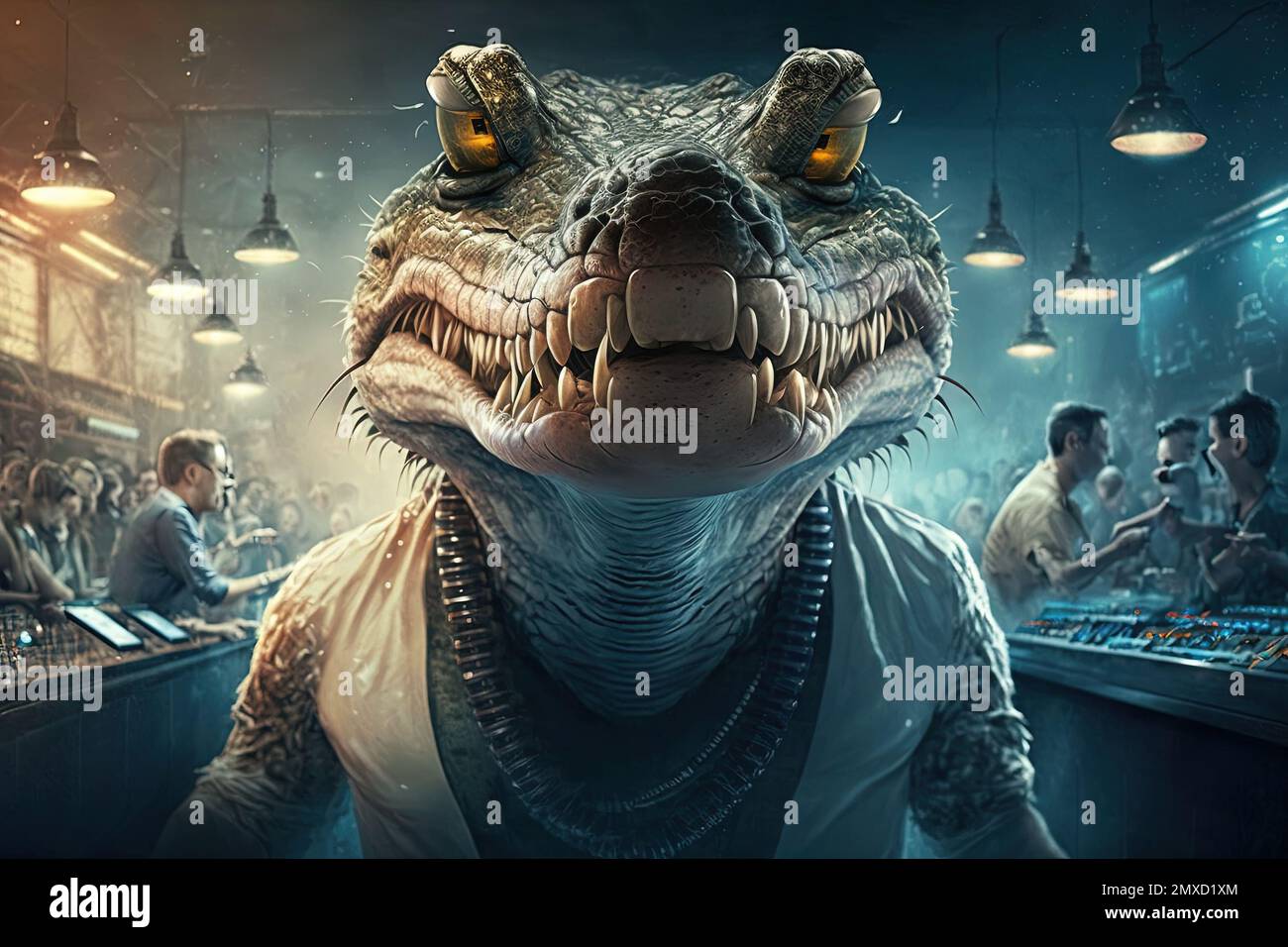 A crocodile animal is a resident dj in the club People dancing on background illustration generative ai Stock Photo