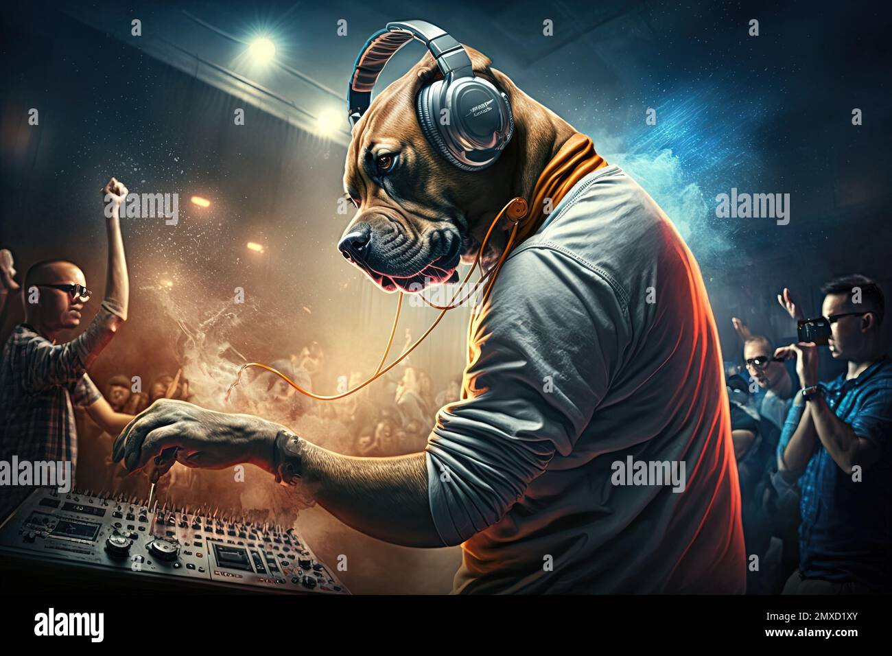 A dog animal is a resident dj in the club People dancing on background illustration generative ai Stock Photo