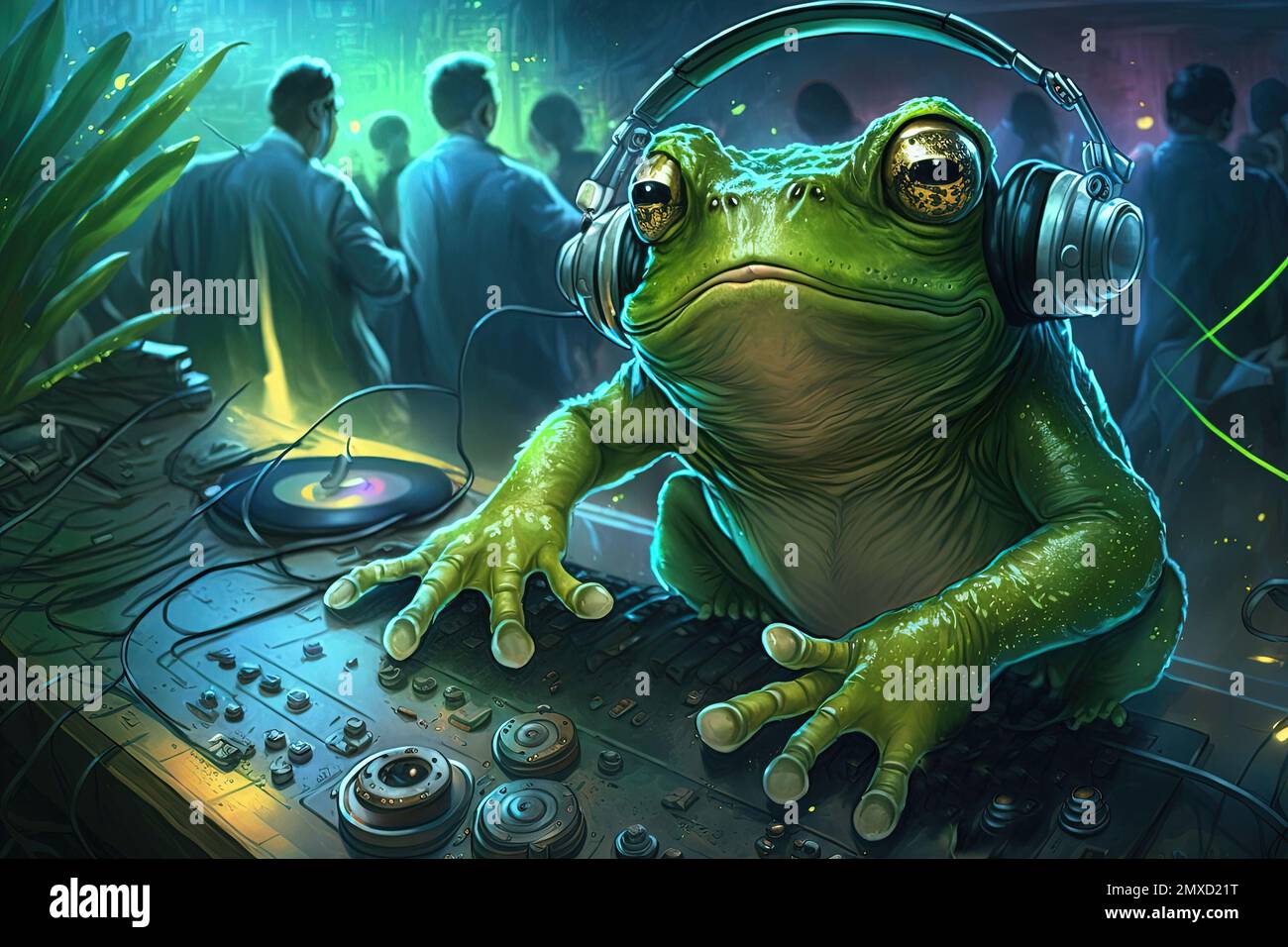 A Frog animal is a resident dj in the club People dancing on background illustration generative ai Stock Photo
