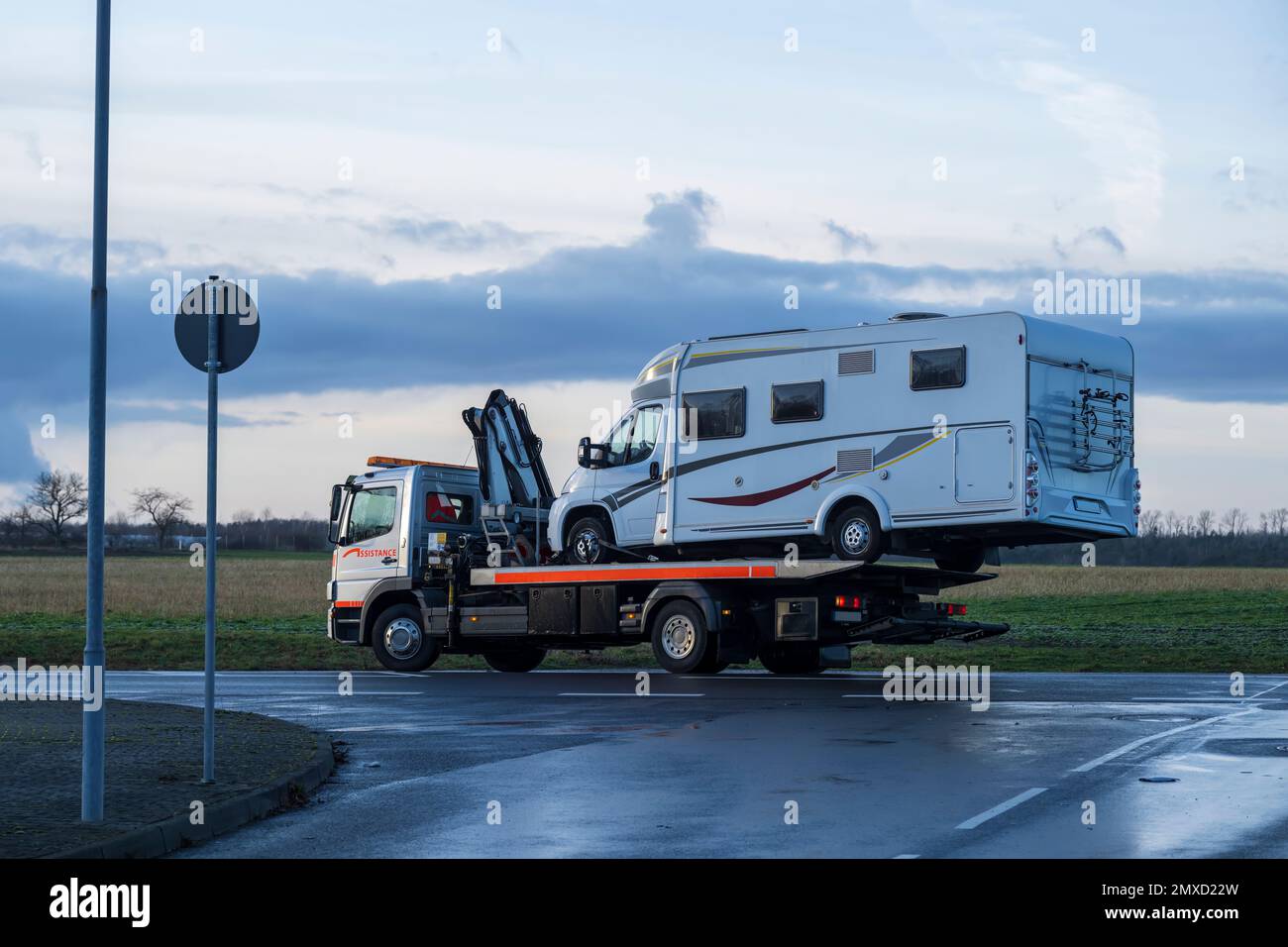 A motorhome on a tow truck Stock Photo