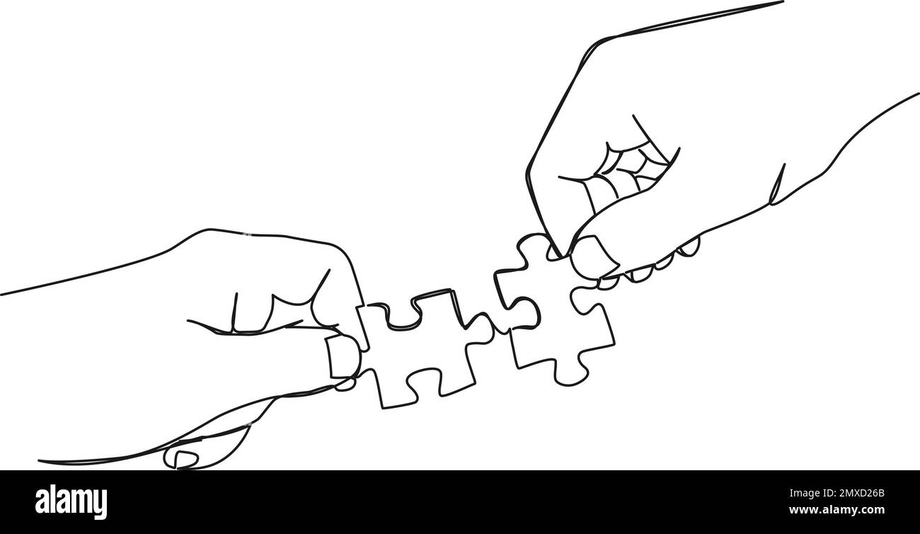 continuous single line drawing of hands of two people fitting together two matching jigsaw puzzle pieces, line art vector illustration Stock Vector
