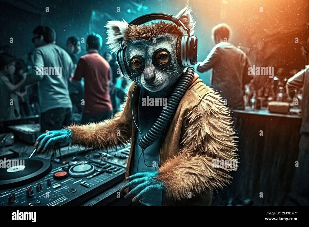 A Lemur animal is a resident dj in the club People dancing on background illustration generative ai Stock Photo