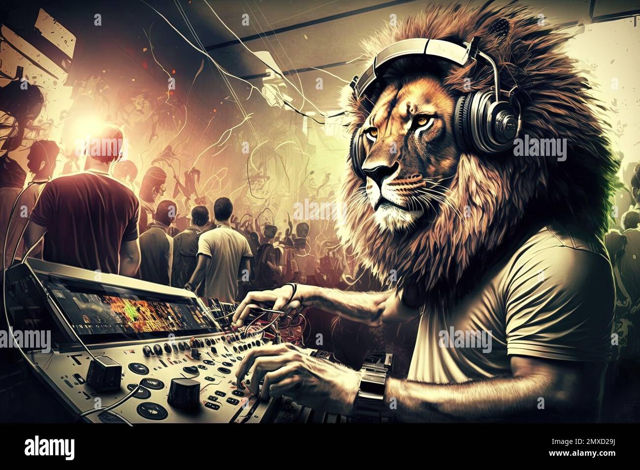 A Lion animal is a resident dj in the club People dancing on background illustration generative ai Stock Photo