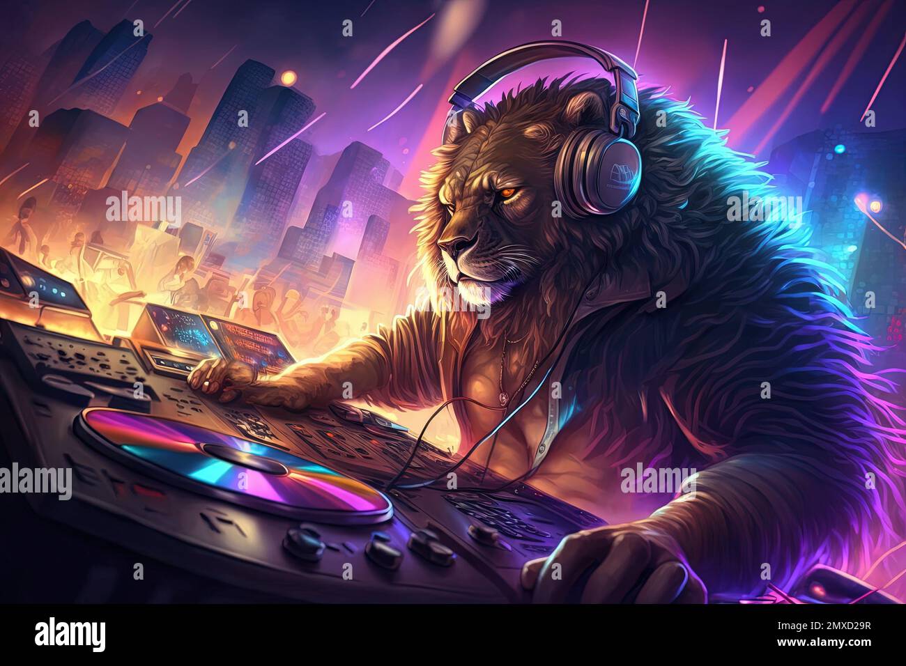 A Lion animal is a resident dj in the club People dancing on background illustration generative ai Stock Photo